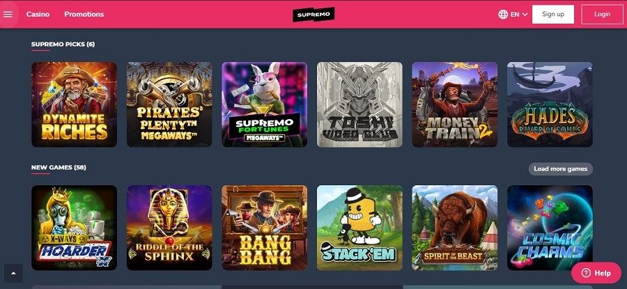 Supremo Casino homepage pokies and top games NZ