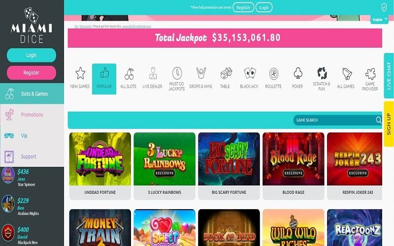 Miami Dice online casino homepage