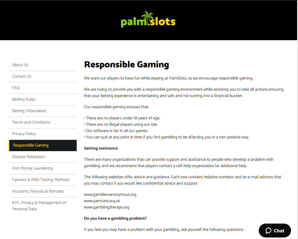 Palmslots responsible gaming