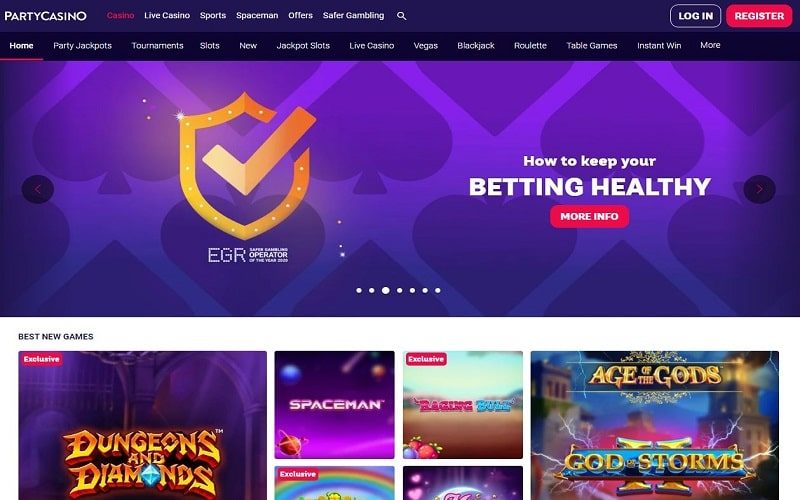 Party Casino website homepage nz