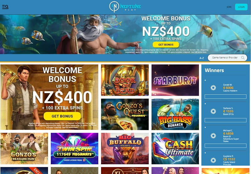 Neptune Play online casino homepage view