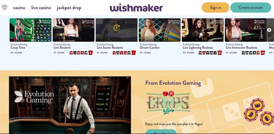 Live casino games at Wishmaker Casino