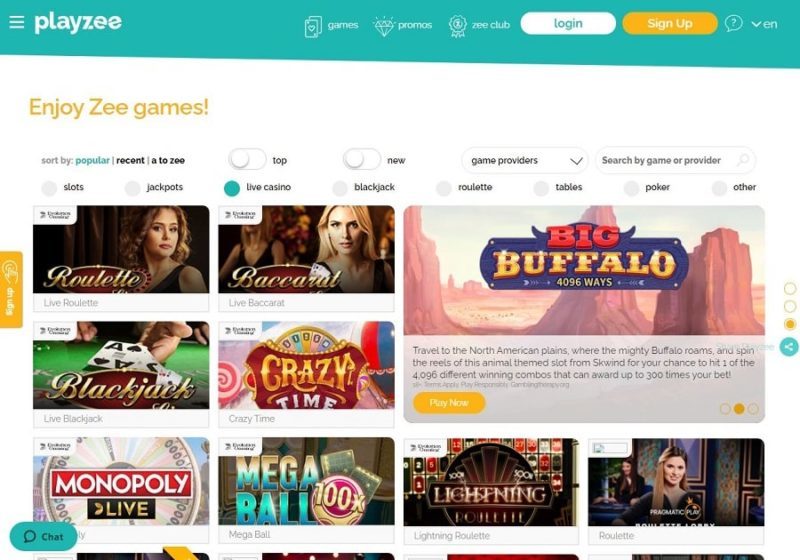 Available games to play at Playzee casino