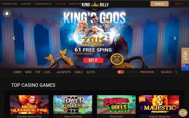 King Billy Casino homepage showing top casino games in NZ