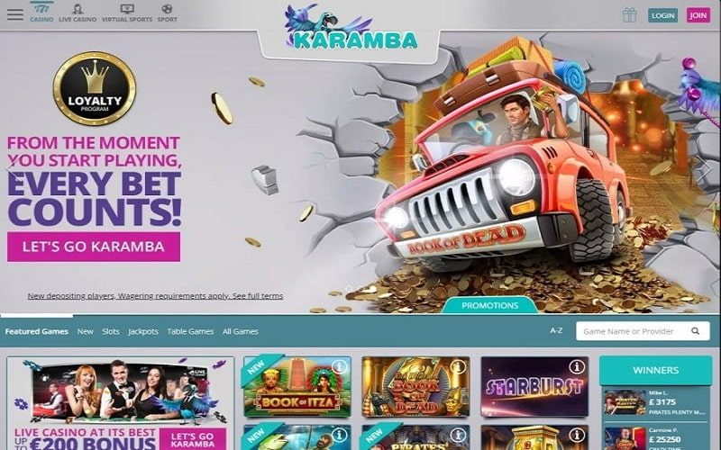 Homepage view of Karamba online casino nz