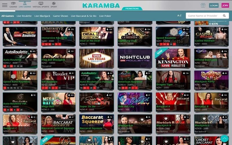 Live casino games at Karamba nz