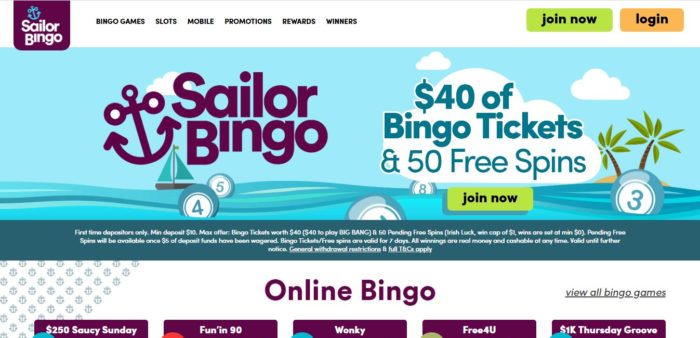 Sailor Bingo online homepage view