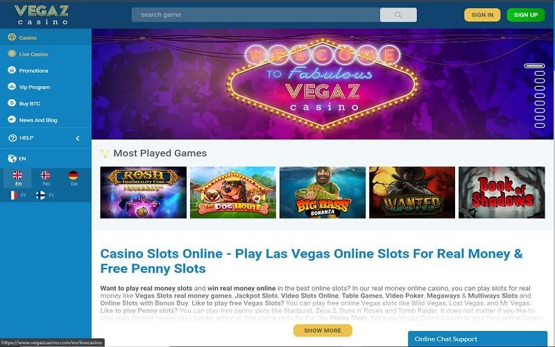 Vegaz casino website homepage view