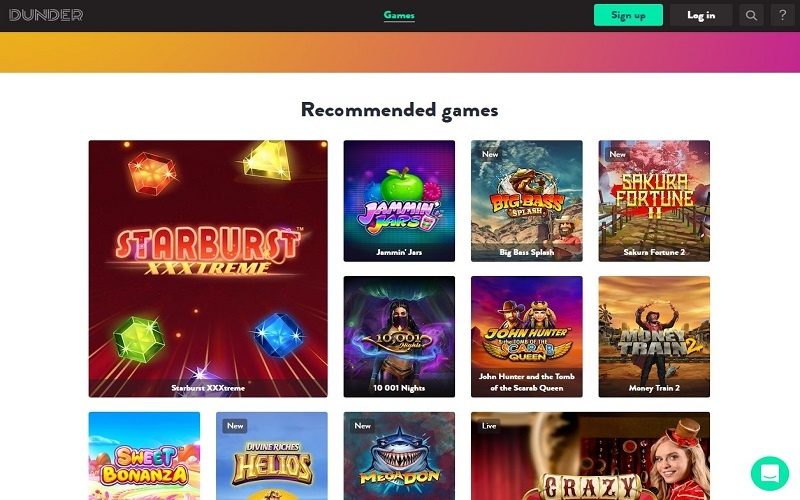 Recommended games at Dunder casino