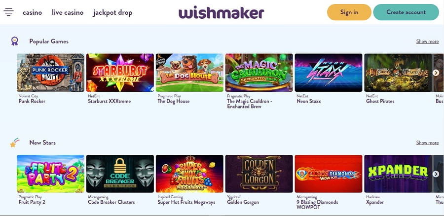 Wishmaker Casino online homepage view of popular games