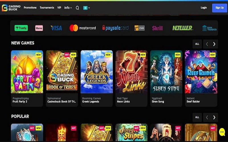 Casinobuck homepage view of online slots